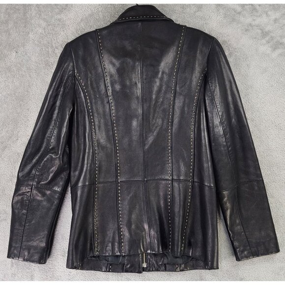 Casual Corner Leather Jacket Womens Small Black Retro Full Zip Long Sleeve Top - Picture 2 of 14